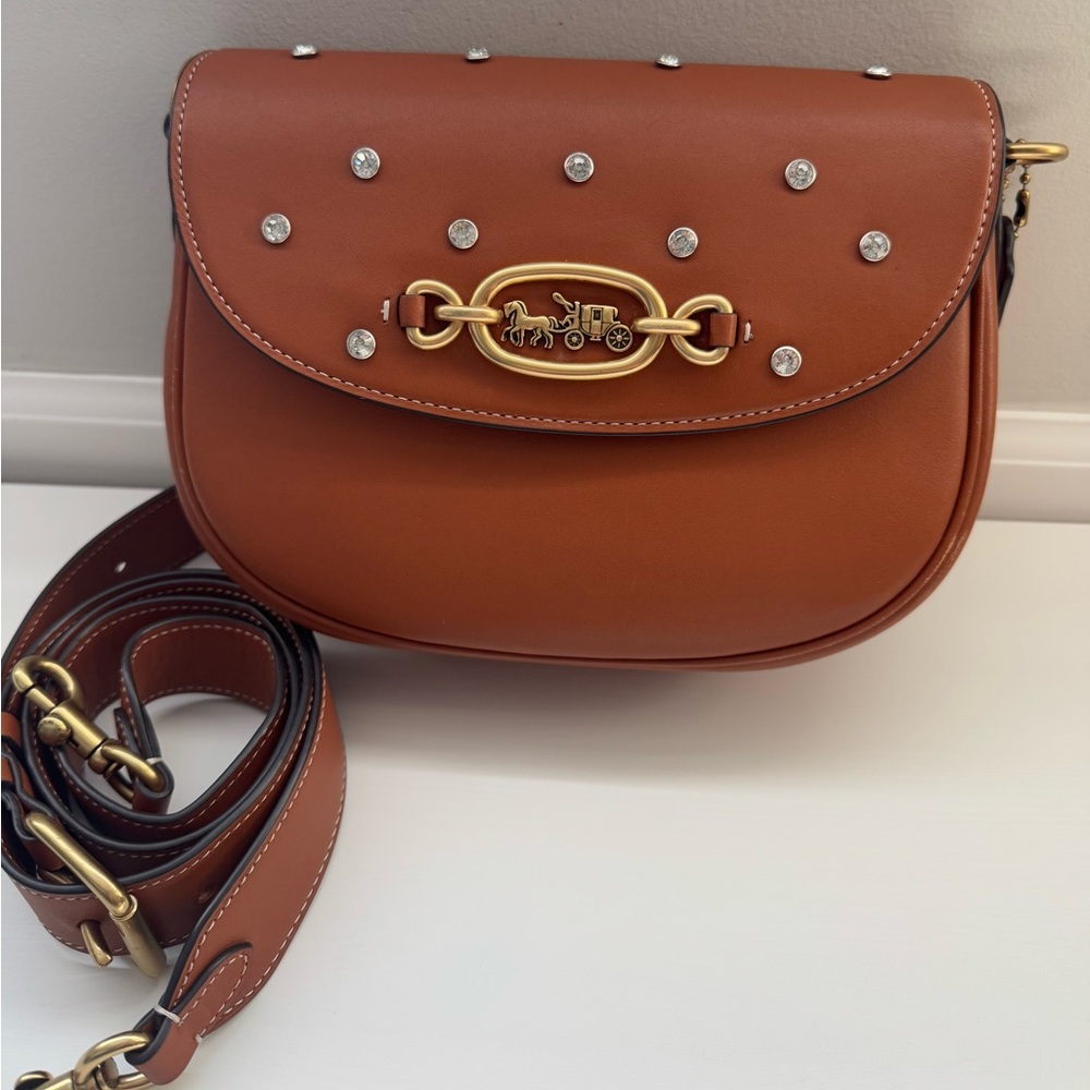 Coach upcrafted reloved Harley crossbody bag saddle brown with crystal rivets